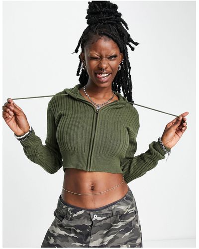 Collusion Knitted Cropped Ribbed Hoodie - Green