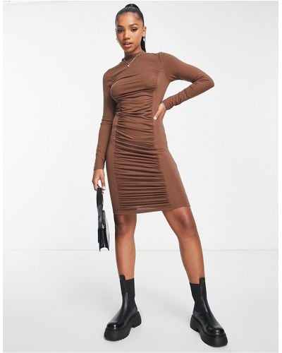 Pieces Finta Ruched Bodycon Mini Dress - Brown