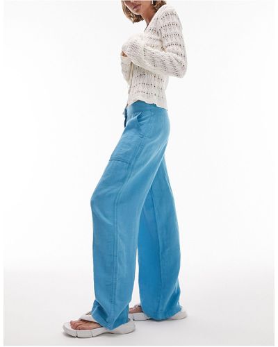 Topshop Unique Pantalon droit cargo en lin à taille basse - kaki - Bleu