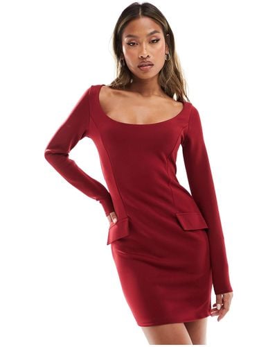 ASOS Long Sleeve Super Scoop Neck Mini Dress With Pockets - Red