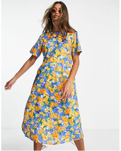 Object Omkeerbare Midi-jurk Met Bloemenprint - Blauw