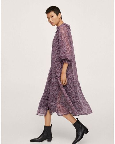 Mango Midi-jurk Met Doorschijnend Detail En Bloemenprint - Paars