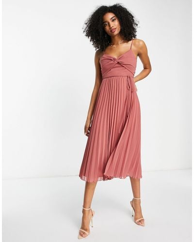 ASOS Twist Front Pleated Cami Midi Dress With Belt - Pink