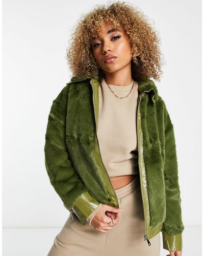 Jayley Faux Fur Bomber With Faux Leather Trims - Green