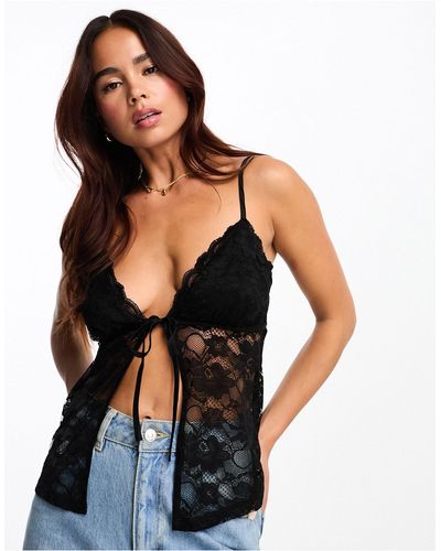 New Look Sheer Lace Seamed Cami - Black