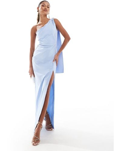 Vesper One Shoulder Drape Detail Thigh Split Maxi Dress - Blue