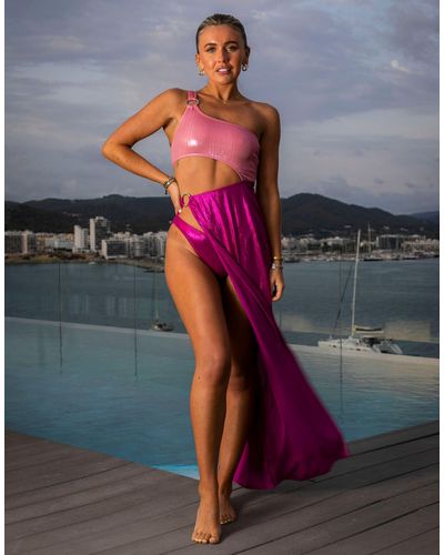 South Beach X Miss Molly Plisse & Metallic Side Split Beach Summer Dress - Pink