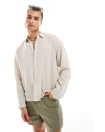 Bershka Linen Rustic Long Sleeve Shirt - Natural