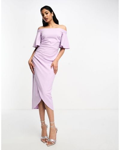 True Violet Midi Pencil Bardot Dress With Sleeve And Wrap Skirt - Pink
