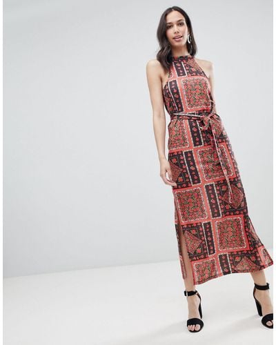 ASOS Scarf Print Maxi Sundress With Belt - Red