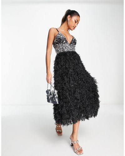 ASOS Embellished Sequin Plunge Neck Faux Feather Midi Dress - Black