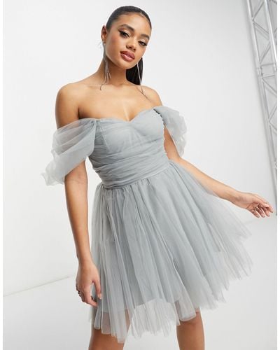 LACE & BEADS Exclusive Wrapped Tulle Mini Dress - Gray