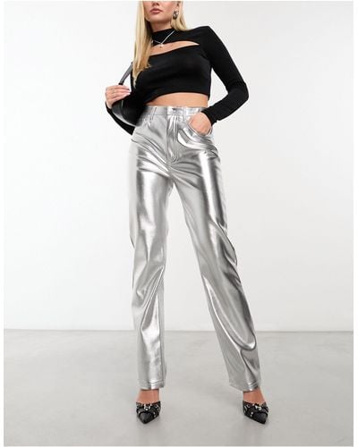 Abercrombie & Fitch Metallic 90s Straight Faux Leather Trouser - White