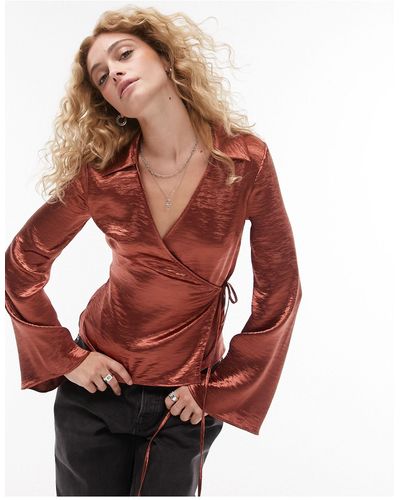 TOPSHOP Textured Satin Wrap Blouse