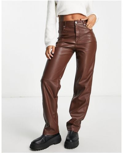 Bershka Faux Leather Straight Leg Trouser - Brown