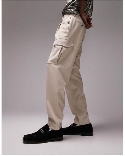 TOPMAN Tapered Herringbone Cargo Trousers - White