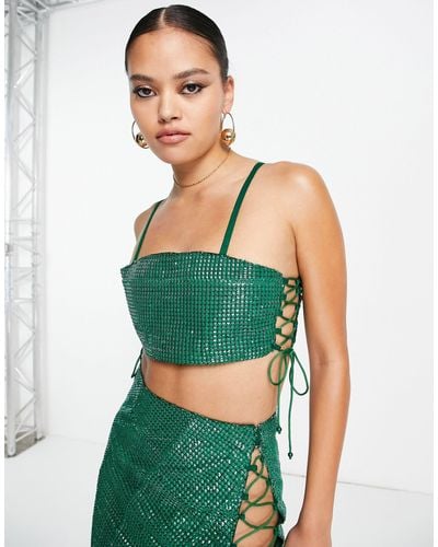 Starry Eyed Premium Bling Lace Up Side Crop Top Co-ord - Green