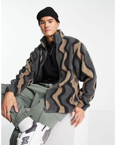 ADPT Sweater Van Teddy Met Rits En Golvende Print - Grijs