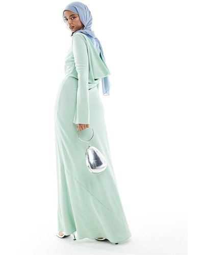 DASKA Robe longue en mousseline avec dos bénitier et imprimé - vert sauge - Bleu