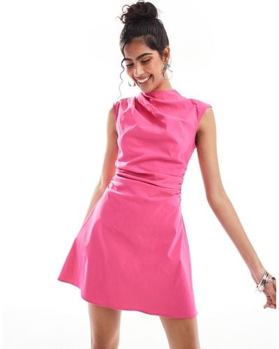 ASOS Bengaline High Neck Sleeveless Mini Dress With Ruching Detail - Pink