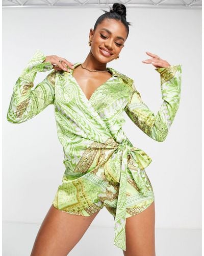 ASOS Heavy Satin Wrap Knot Front Playsuit - Green