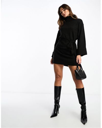 Vila Roll Neck Mini Jumper Dress With Tie Waist - Black