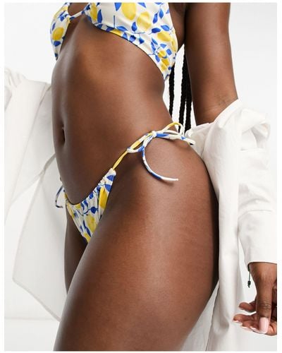 Monki Co-ord Lemon Print Side Tie Bikini Bottom - Brown