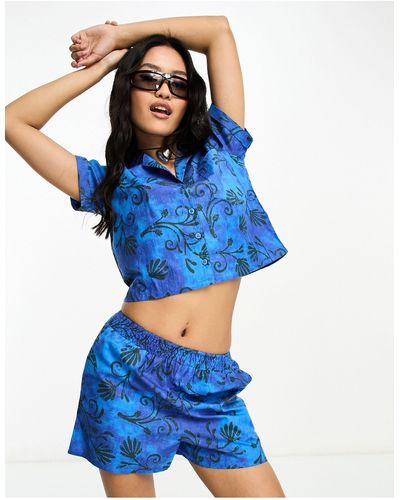 Daisy Street Retro Dye Print Cropped Shirt Co-ord - Blue