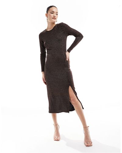 Pieces Side Slit Shimmer Stripe Detail Midi Dress - Black