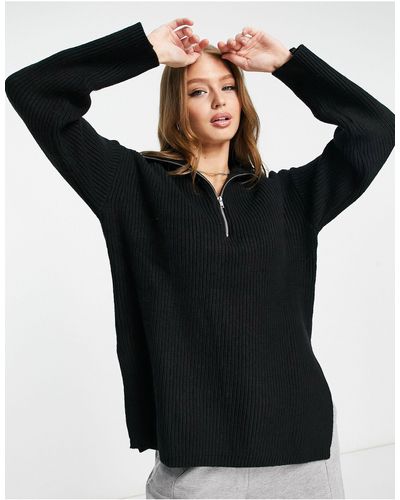 Monki Gebreide Sweater Met Korte Rits Aan - Zwart