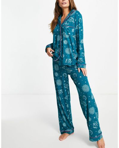 Chelsea Peers Horoscope Long Button Up Pyjama Set - Blue