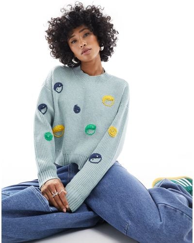Native Youth Yin Yang Embroidered Cropped Jumper - Blue