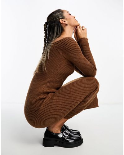 ASOS Knitted Off Shoulder Maxi Dress - Brown