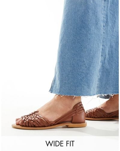 ASOS Wide Fit Francis Leather Woven Flat Sandals - Blue