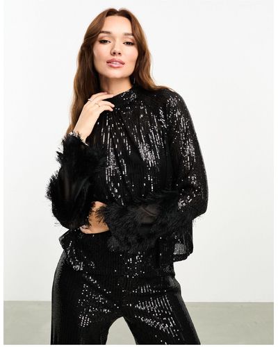 Y.A.S High Neck Sequin Blouse Co-ord With Textured Fluffy Sleeves - Black
