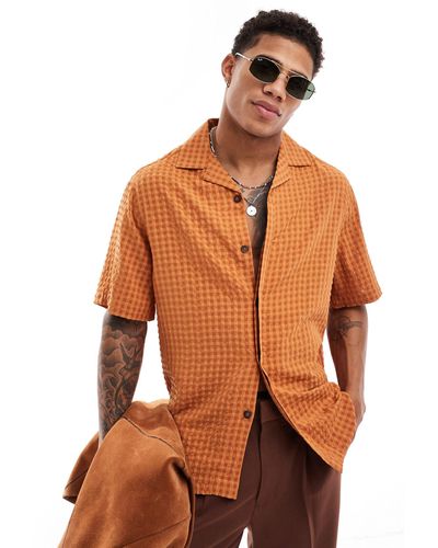 ASOS Short Sleeve Relaxed Revere Seersucker Shirt - Brown