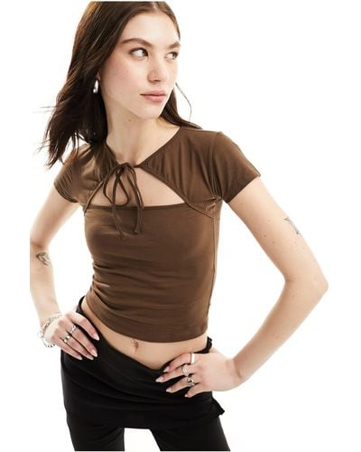Motel Cut-out Tie Front Crop Top - Brown
