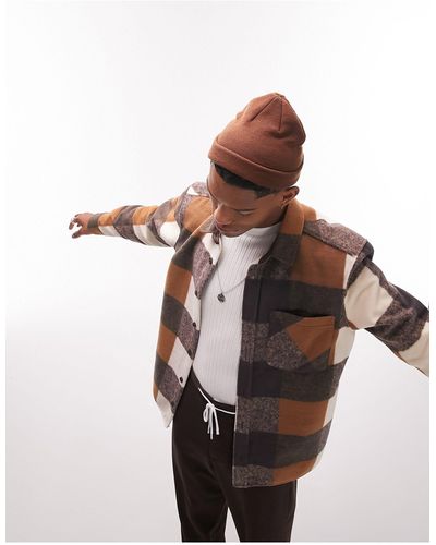 TOPMAN Buffalo - camicia giacca regular a maniche lunghe a quadri grandi cioccolato spazzolata - Marrone