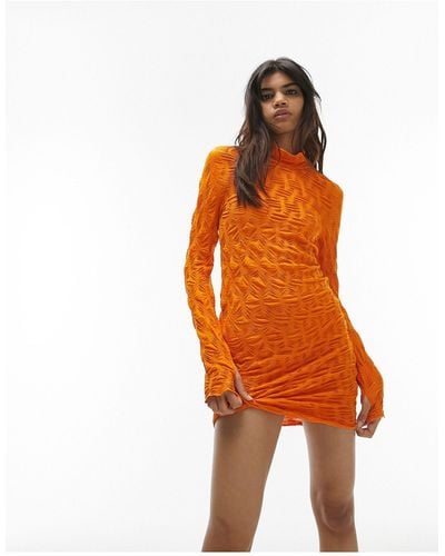 TOPSHOP Robe courte à manches longues en jersey texturé - Orange