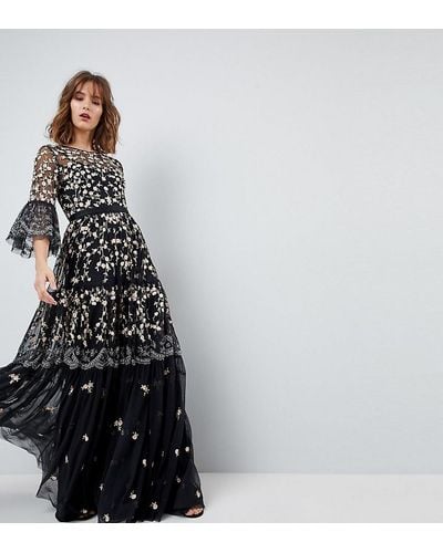 Needle & Thread Allover Embroidered And Embellished Maxi Gown With Fluted Sleeves - Black