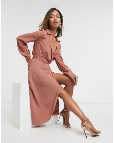 ASOS Collared Wrap Midi Dress With Tie Belt - Pink