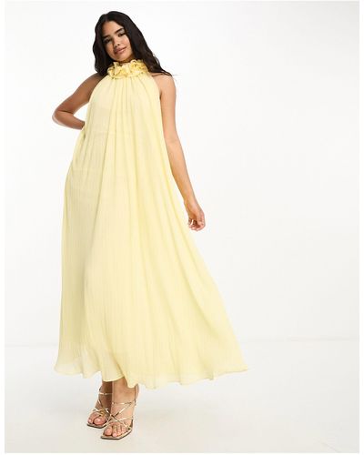 ASOS Corsage High Neck Plisse Maxi Dress With Tie Back Detail - Yellow