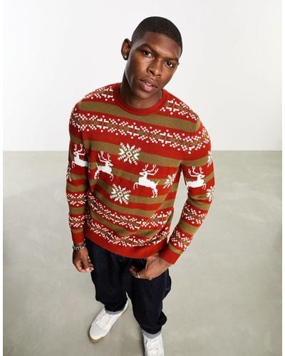 ASOS Knitted Christmas Jumper With Orange Fairilse Stag Pattern - Red
