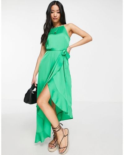 New Look Square Neck Belted Satin Midi Dress - Green