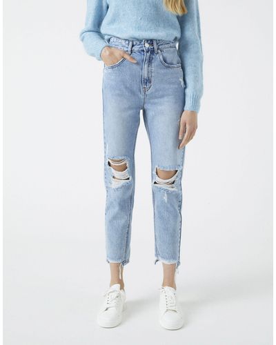 Pull&Bear Mom Jeans With Rips - Blue