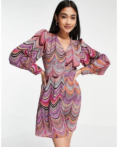 Vila Button Through Mini Dress With Fluted Hem - Multicolor
