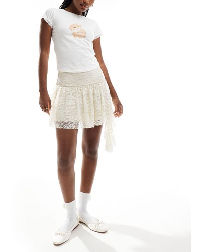 ASOS Asymmetric Hem Lace Mini Skirt With Ruched Waist - White