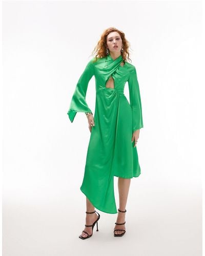 TOPSHOP Cutout Crossover Neck Long Sleeve Satin Midi Dress - Green