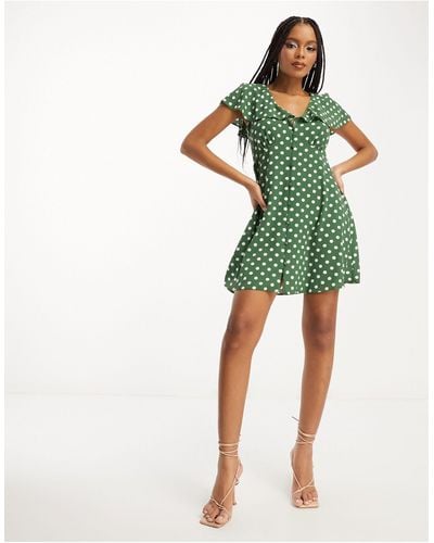 ASOS Flutter Sleeve Mini Tea Dress With Buttons - Green