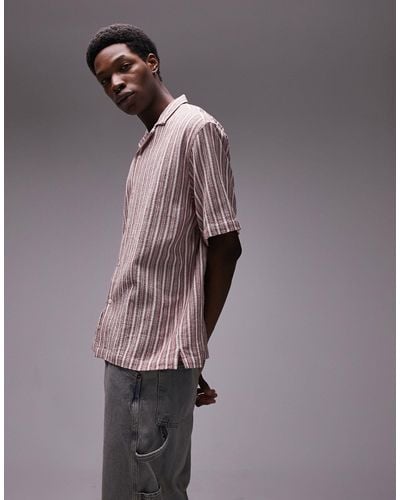 TOPMAN Short Sleeve Relaxed Revere Textu Stripe Shirt - Purple